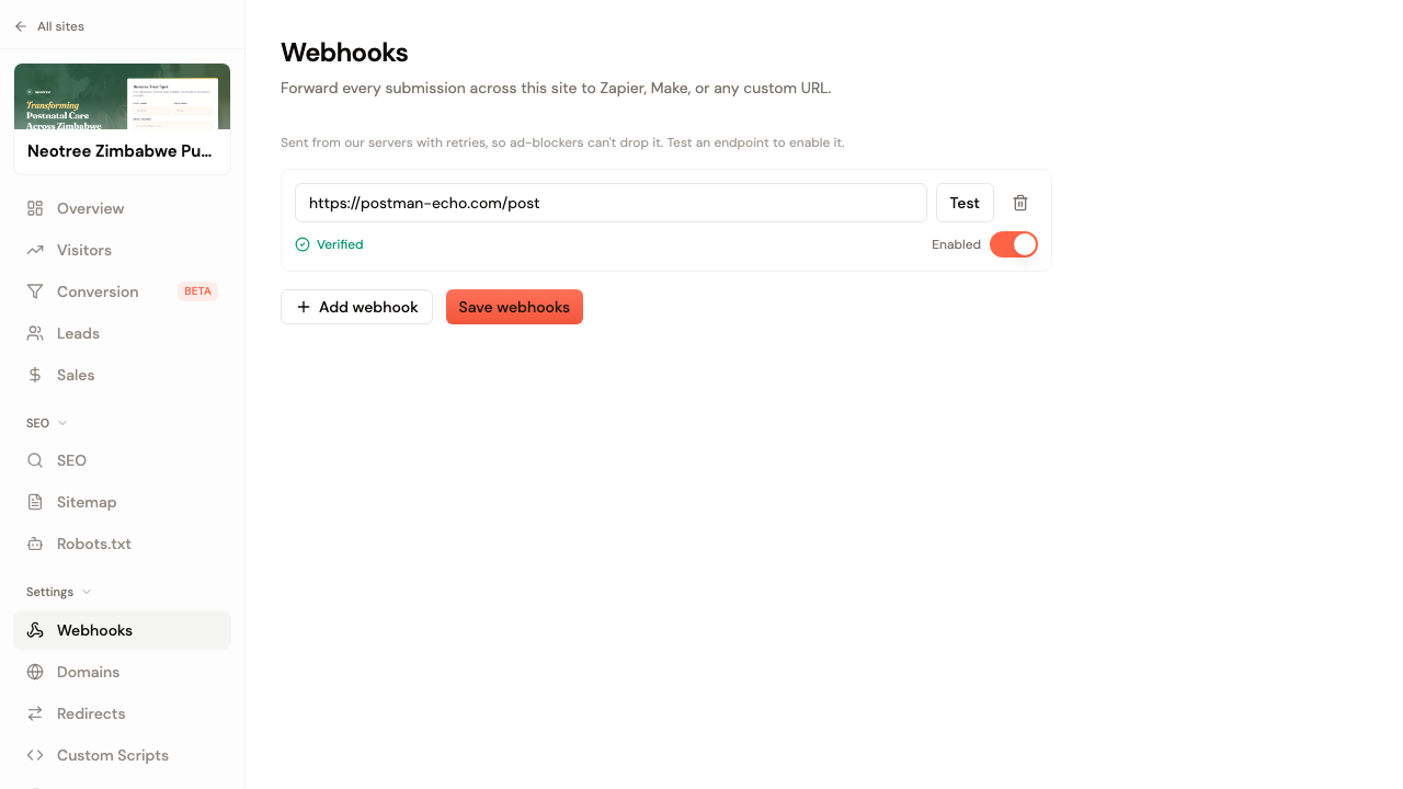 The Webhooks tab in Simplepages, showing a webhook URL that has been tested (Verified) and switched on (Enabled), with buttons to add another webhook or save.