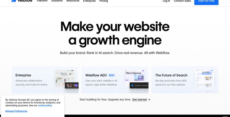 Webflow homepage: the agentic web platform for building sites